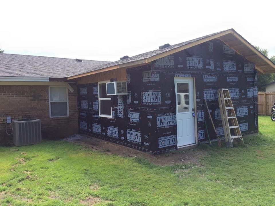 Home addition framed and wrapped in synthetic underlayment