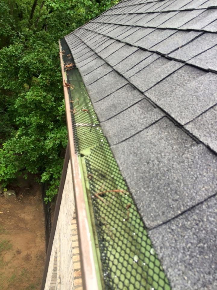 Gutter guard installed along a shingle roof edge